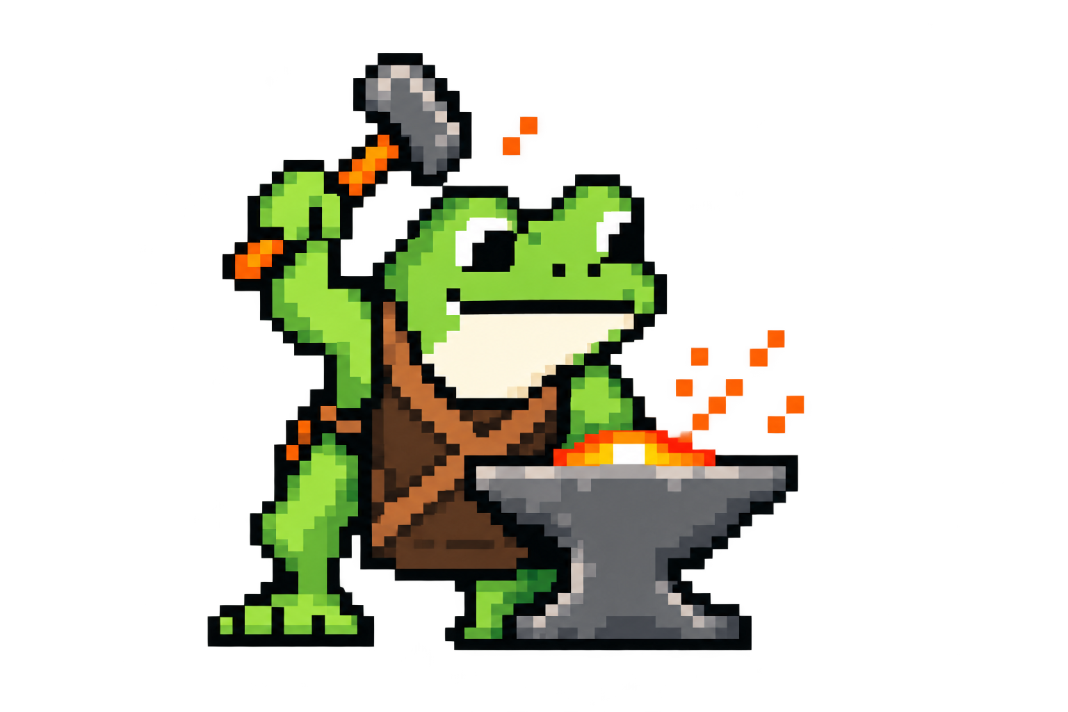 xela, our pixel-art frog in his apron with X-shaped crossed straps, works at an anvil with his hammer raised and sparks flying.