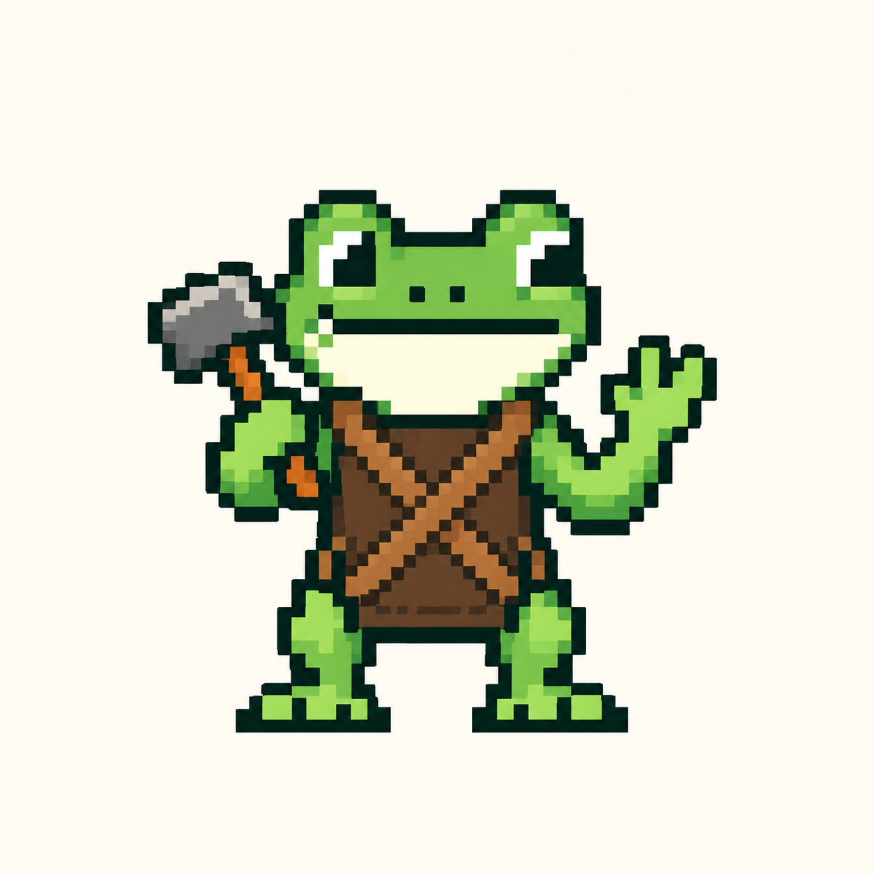 xela the frog in his brown apron, waving with his hammer in hand.